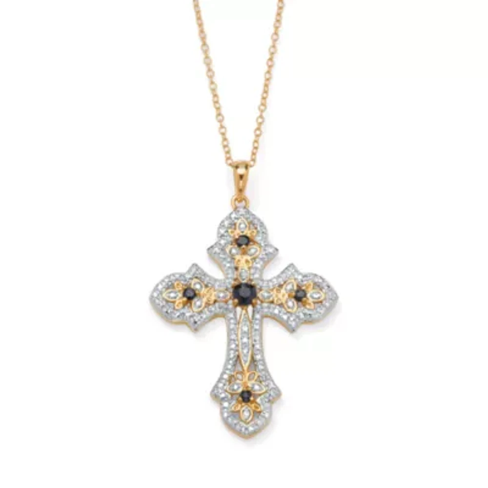 Womens Diamond Accent Genuine Blue Sapphire 18K Gold Over Silver Cross 18 Inch Pendant Necklace