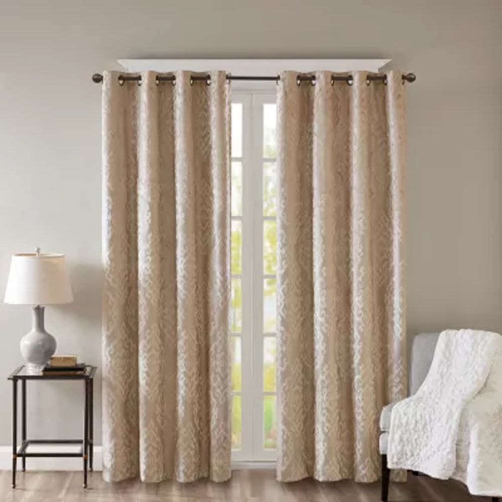 Madison Park Elysia Knitted Jacquard Damask Grommet Top Energy Saving 100% Blackout Single Curtain Panel
