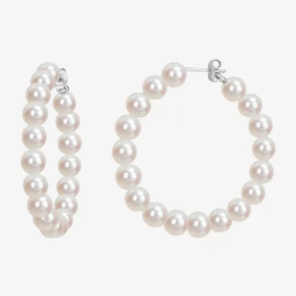 Womens White Cultured Freshwater Pearl Sterling Silver 43.9mm Hoop Earrings