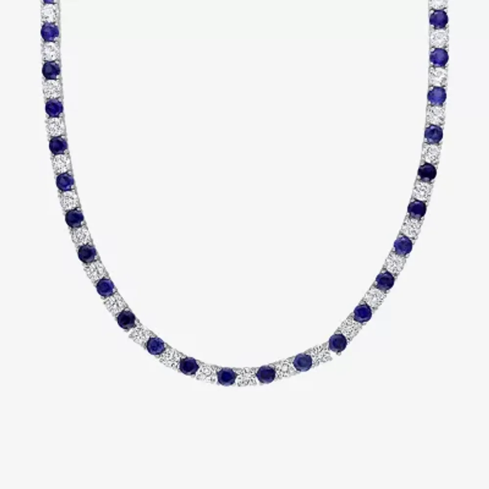 Womens Blue Sapphire Sterling Silver 17 Inch Tennis Necklace