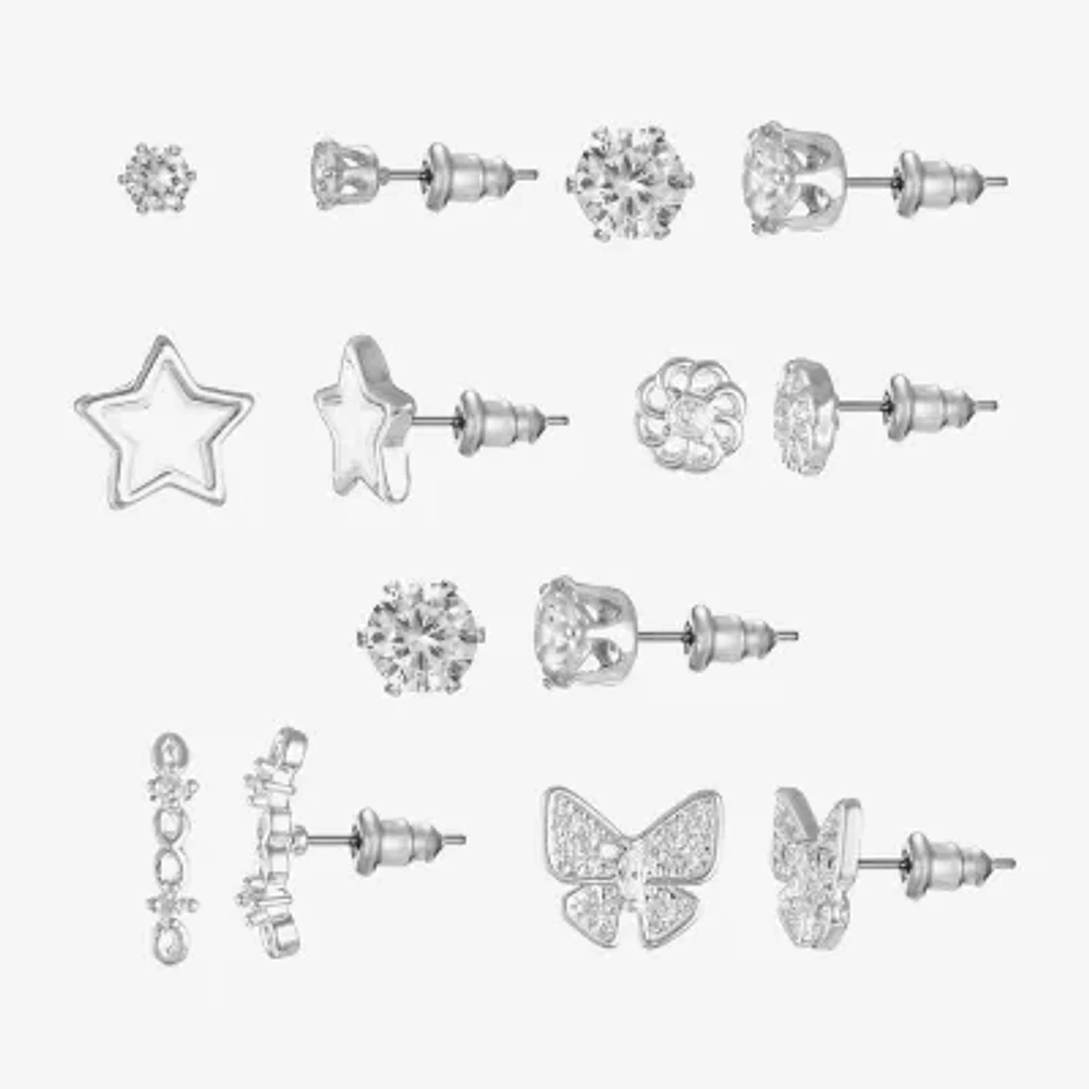 Sparkle Allure Days Of The Week Womens Cubic Zirconia 14K Gold Over Brass Butterfly Flower Star 7 Pair Earring Set