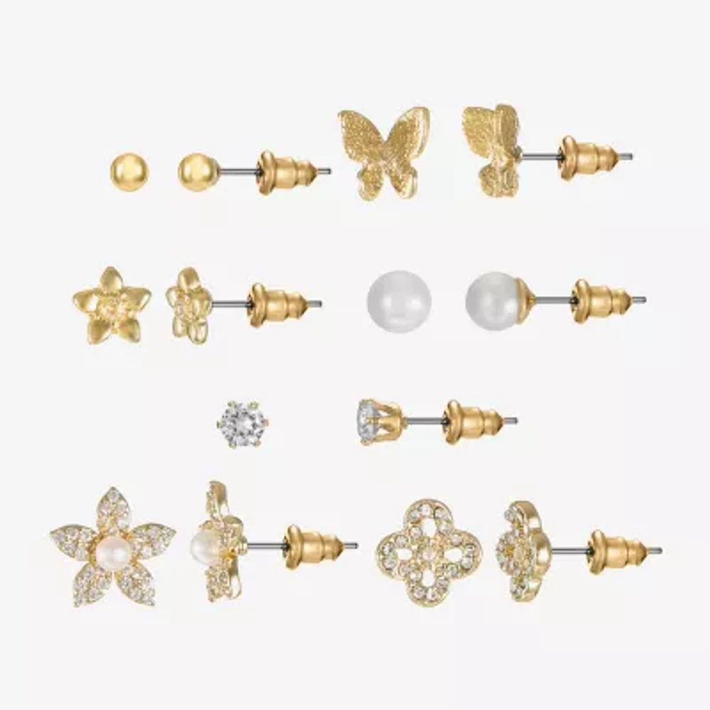 Sparkle Allure Days Of The Week Womens Cubic Zirconia 14K Gold Over Brass Butterfly Flower 7 Pair Earring Set
