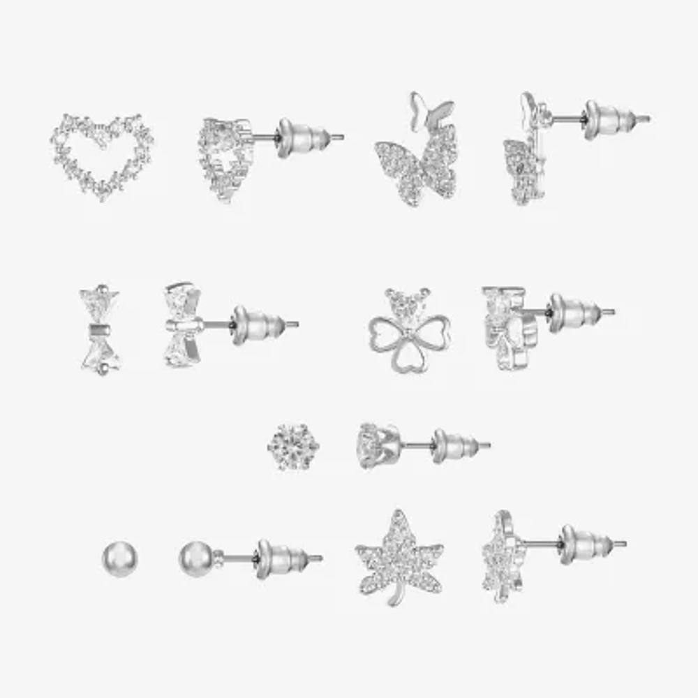 Sparkle Allure Days Of The Week Womens Cubic Zirconia 14K Gold Over Brass Bow Clover Heart 7 Pair Earring Set