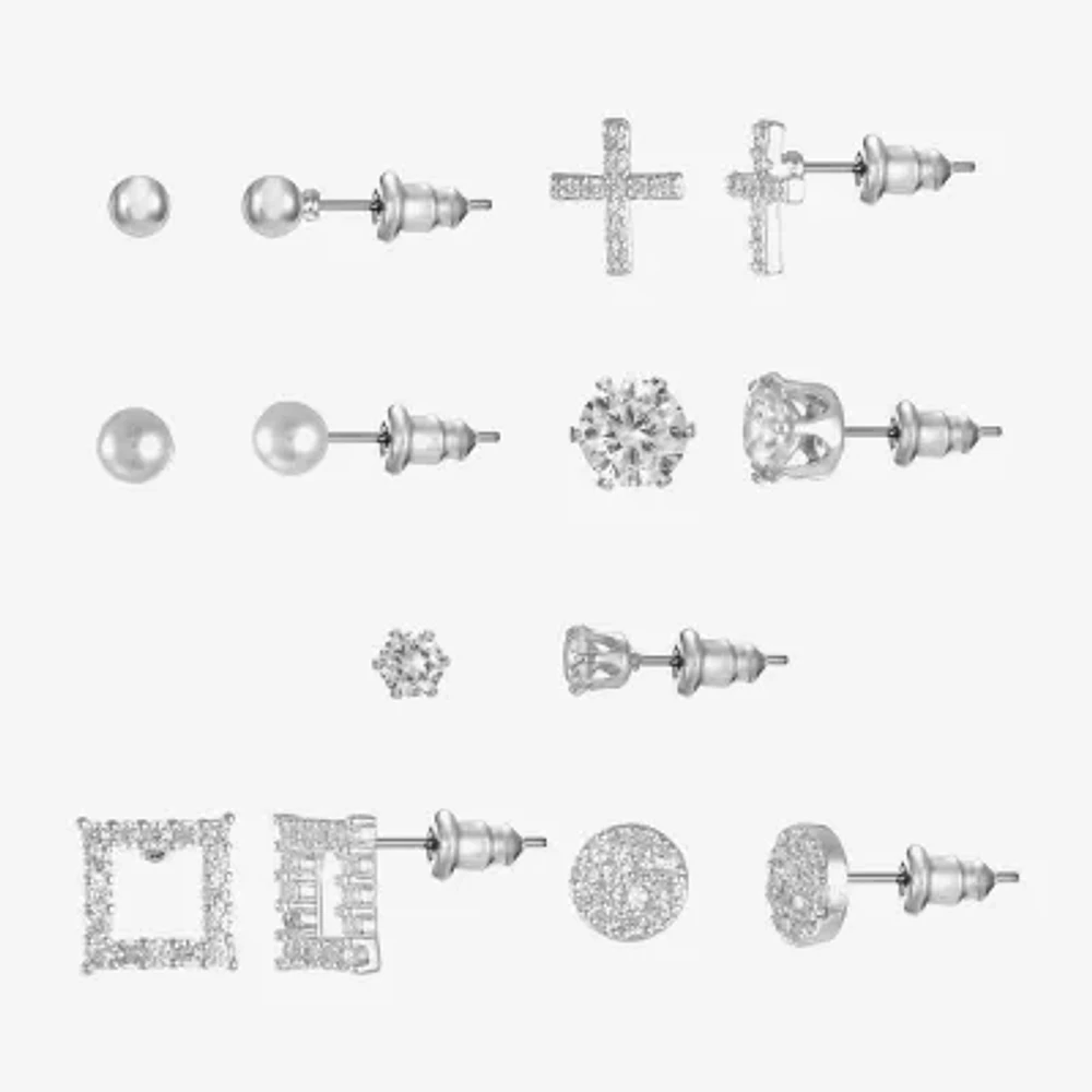 Sparkle Allure Days Of The Week Womens Cubic Zirconia 14K Gold Over Brass Cross Square 7 Pair Earring Set