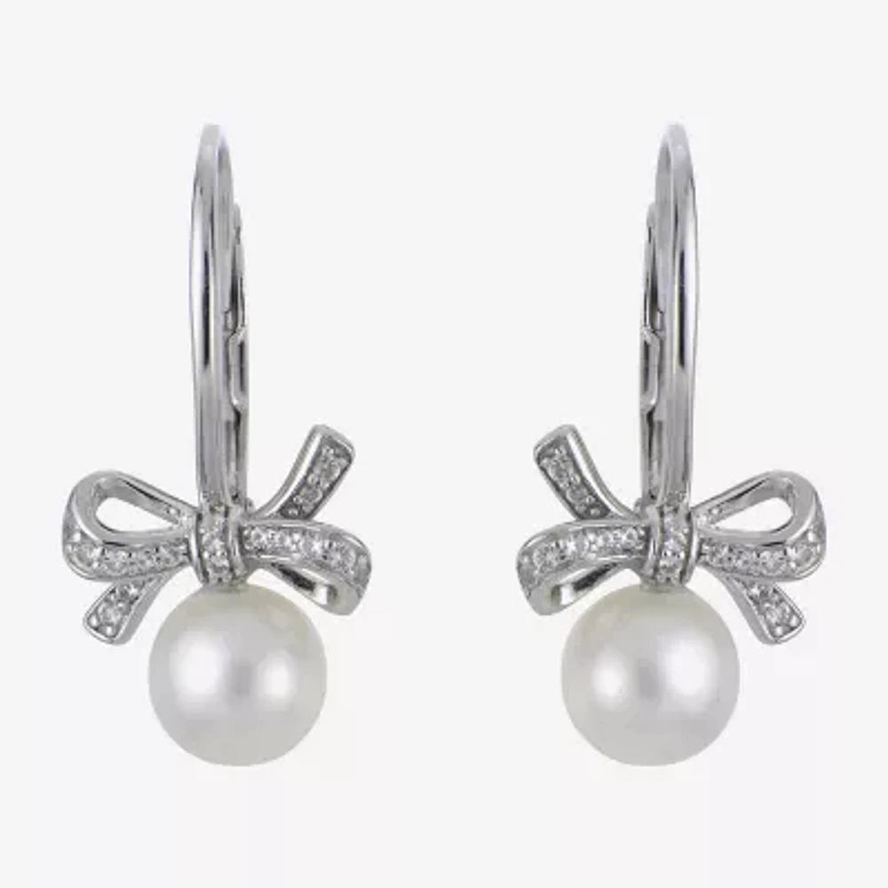 Womens White Cultured Freshwater Pearl Sterling Silver Bow Drop Earrings