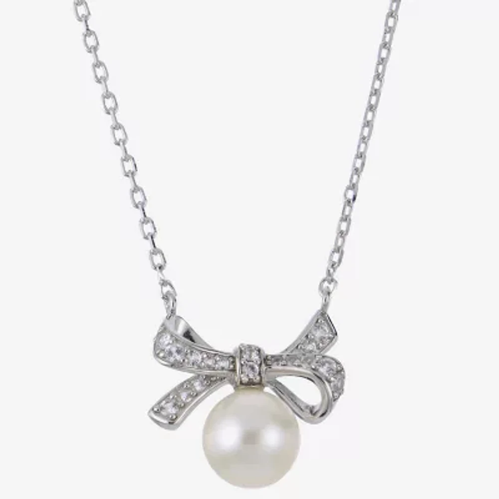 Womens White Cultured Freshwater Pearl Sterling Silver Bow 18 Inch Pendant Necklace