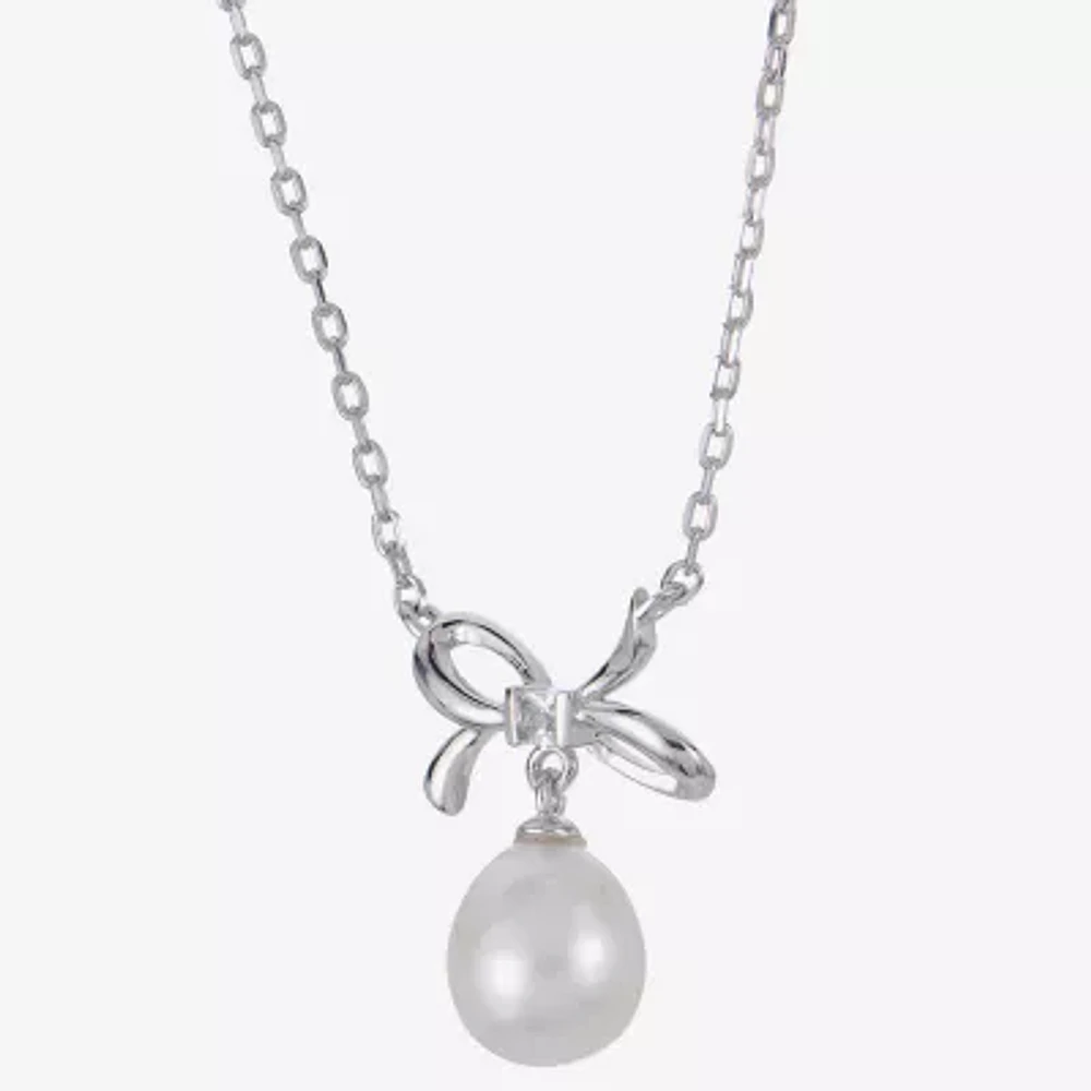 Womens White Cultured Freshwater Pearl Sterling Silver Bow 18 Inch Pendant Necklace
