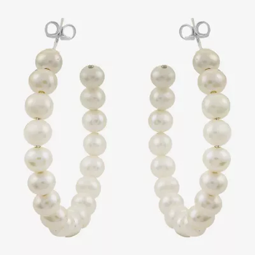 Womens White Cultured Freshwater Pearl Sterling Silver 40mm Hoop Earrings