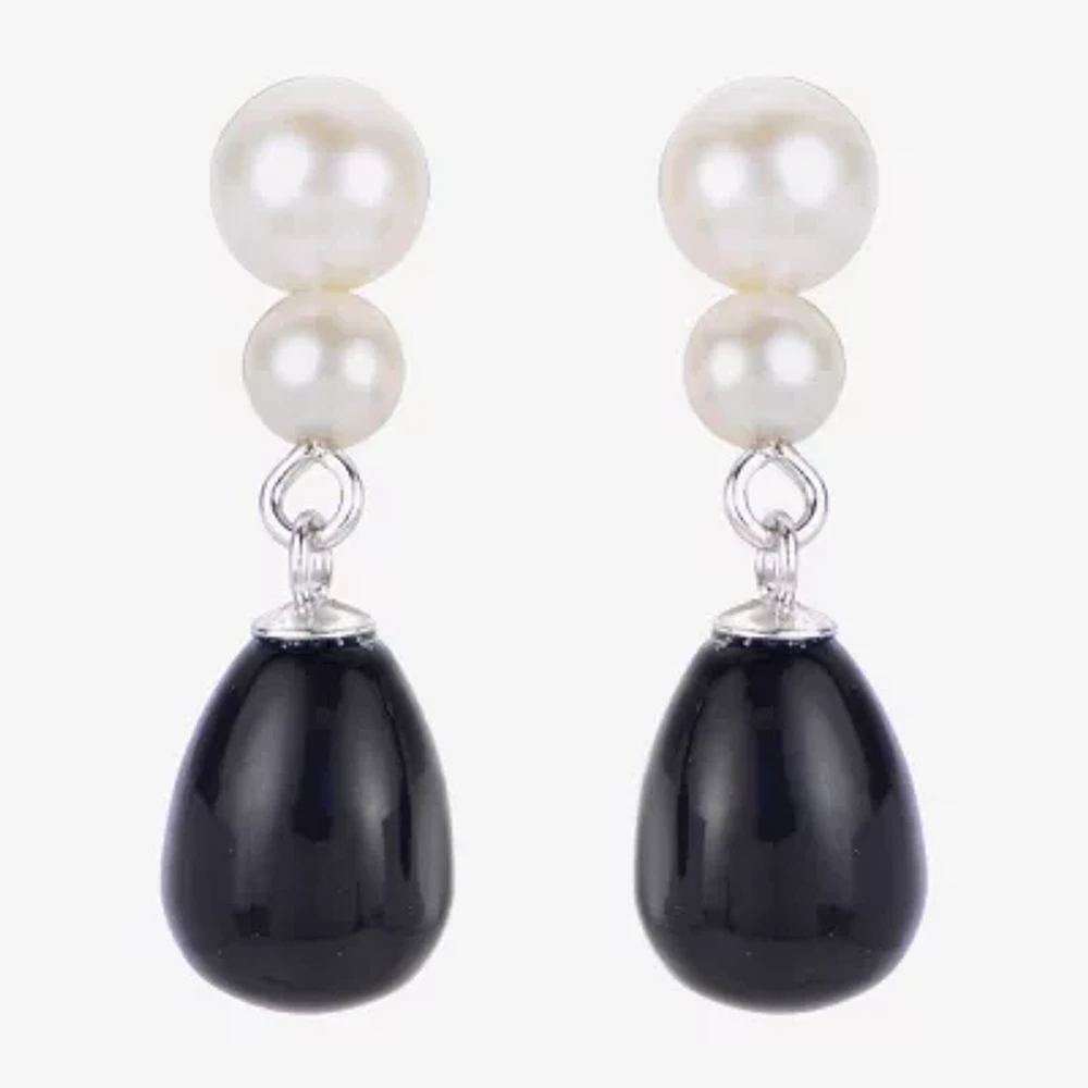 Womens Black Onyx Cultured Freshwater Pearl Sterling Silver Drop Earrings