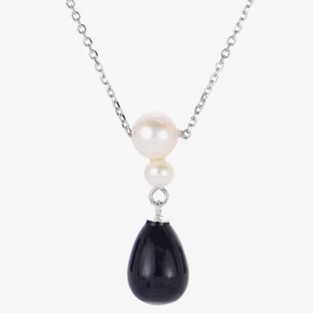 Womens Black Onyx Cultured Freshwater Pearl Sterling Silver 18 Inch Pendant Necklace