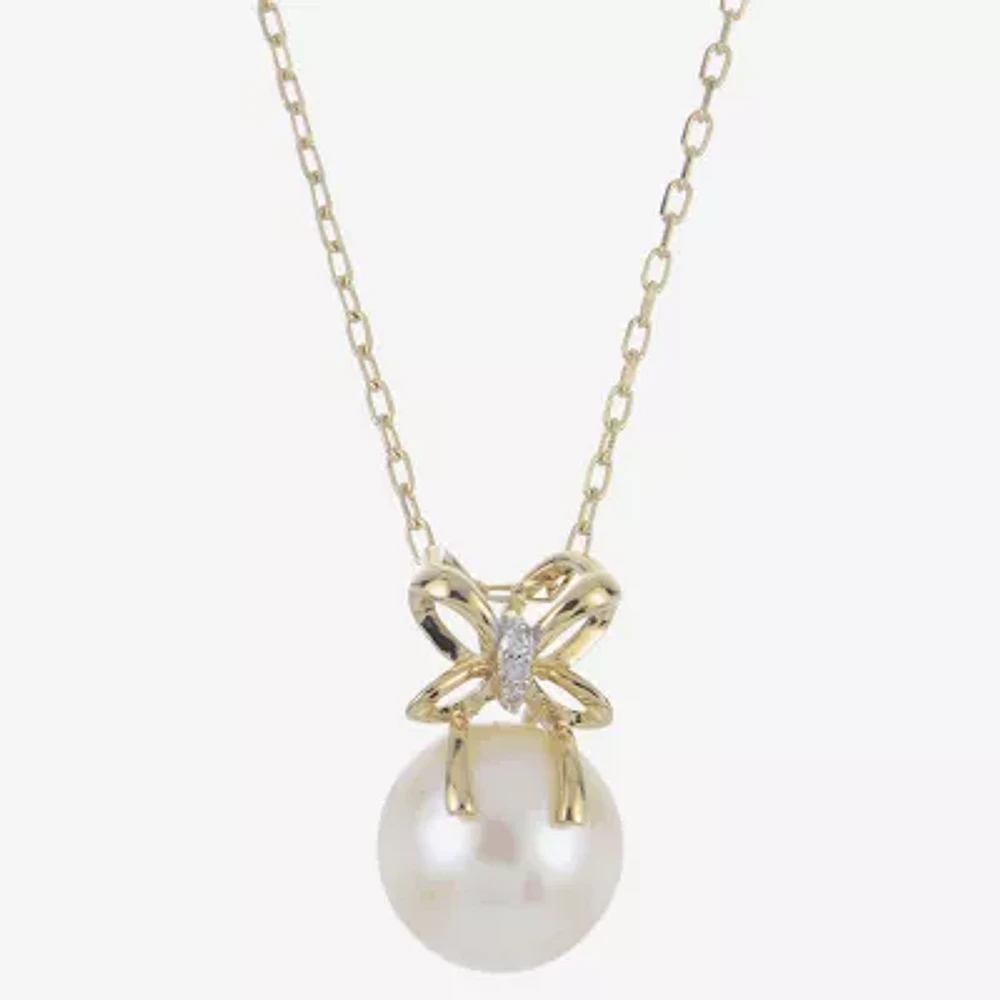 Womens White Cultured Freshwater Pearl 14K Gold Bow 18 Inch Pendant Necklace