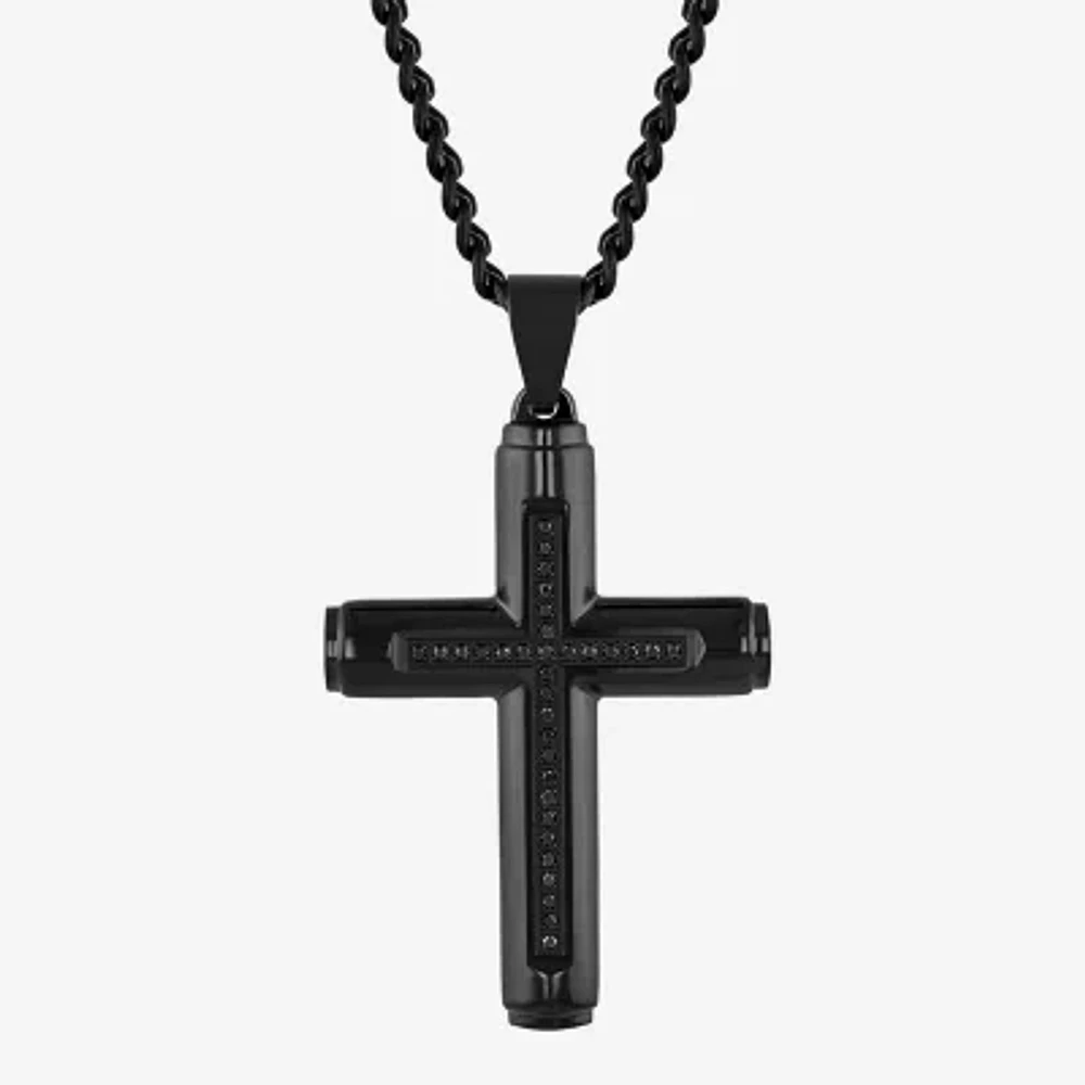 Mens 1/7 CT. T.W. Natural Black Diamond Stainless Steel Cross 24 Inch Pendant Necklace