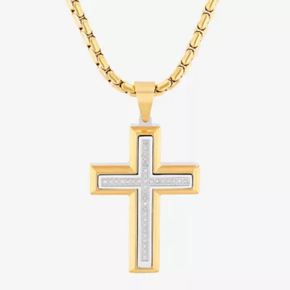 Mens 1/5 CT. White Diamond Stainless Steel Cross 24 Inch Pendant Necklace
