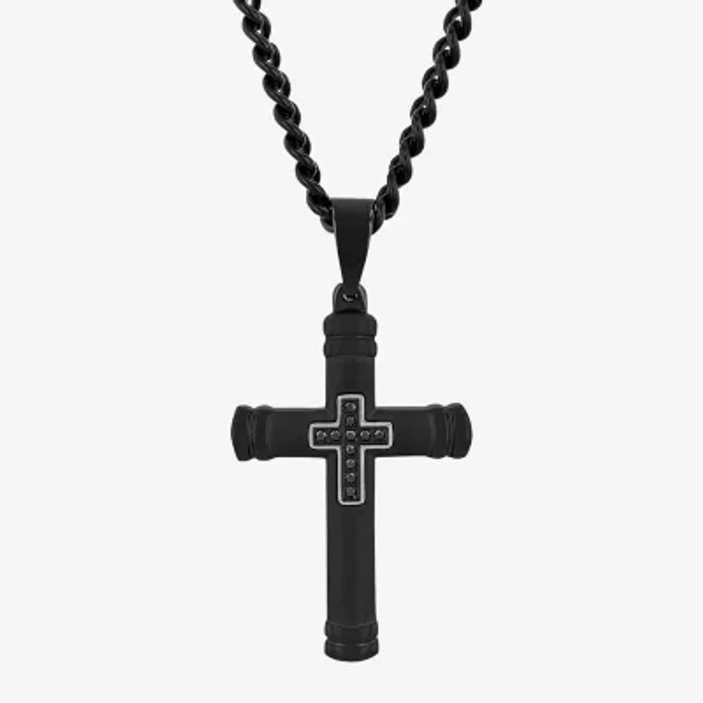 Mens Diamond Accent Natural Black Diamond Stainless Steel Cross 24 Inch Pendant Necklace