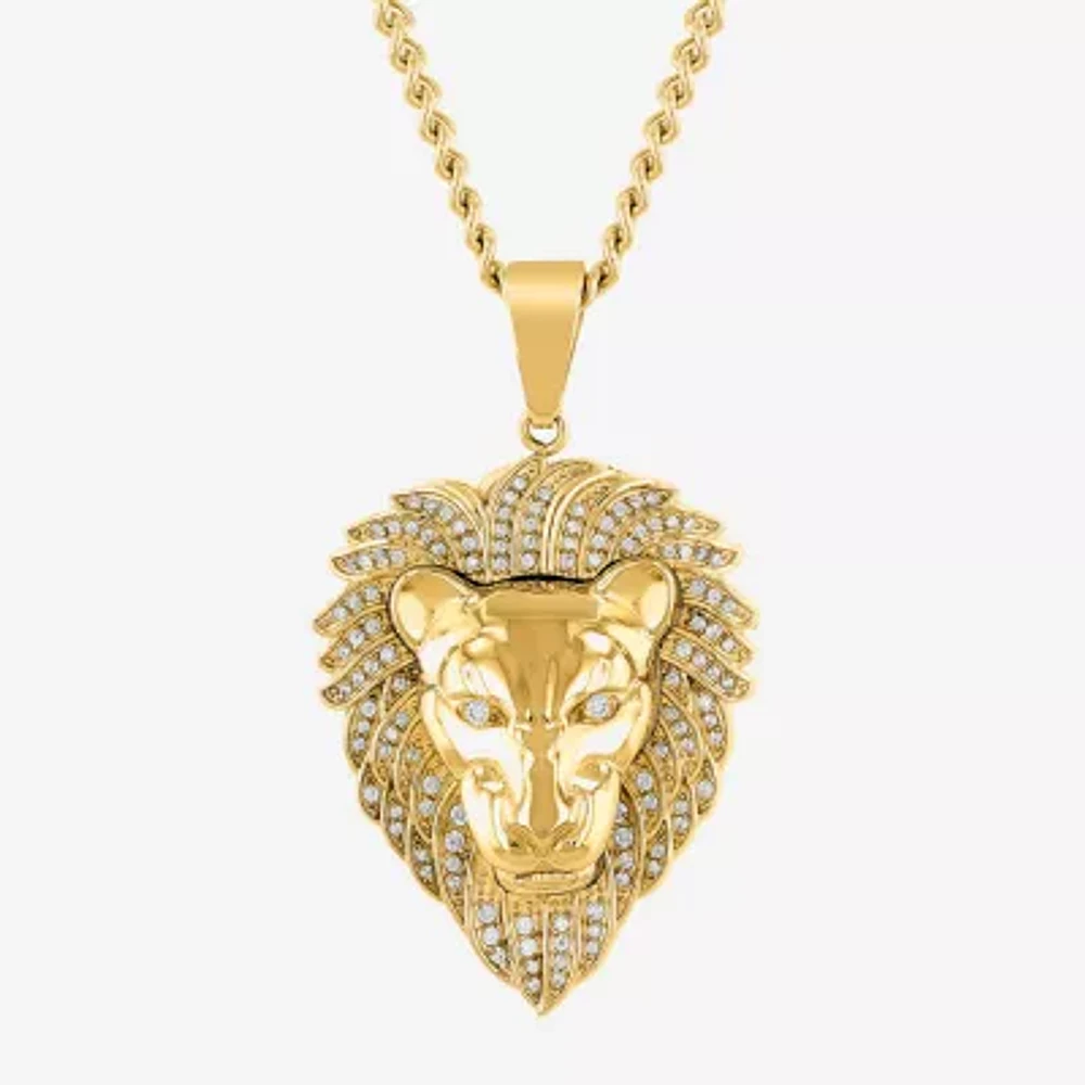 Lion Mens White Cubic Zirconia Stainless Steel 24 Inch Pendant Necklace