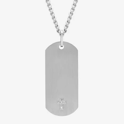Mens Diamond Accent Natural White Diamond Stainless Steel Cross Dog Tag 24 Inch Pendant Necklace