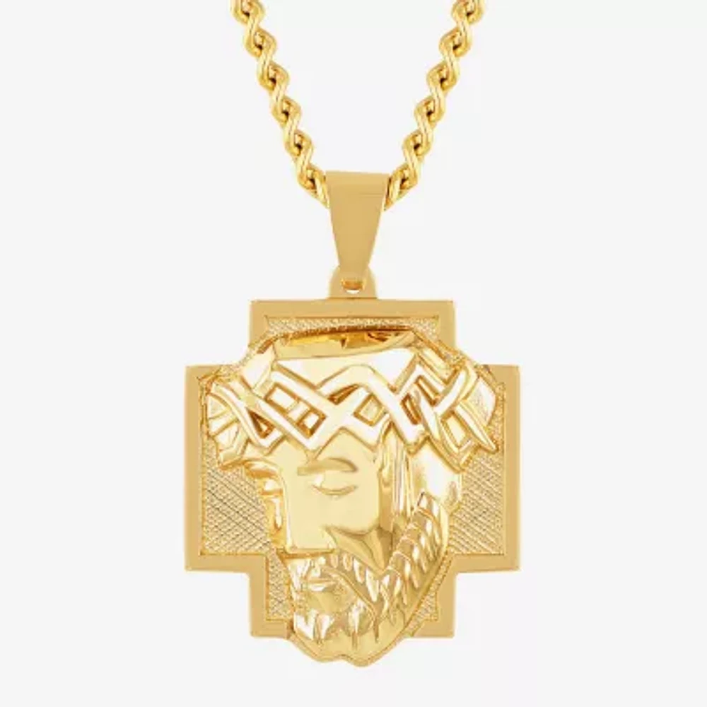Jesus Head Mens Stainless Steel Cross 24 Inch Pendant Necklace