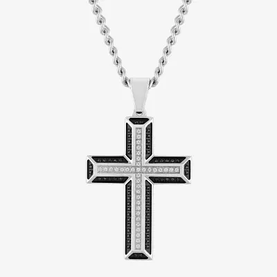 Mens 1/ CT. T.W. Diamond Stainless Steel Cross 24 Inch Pendant Necklace