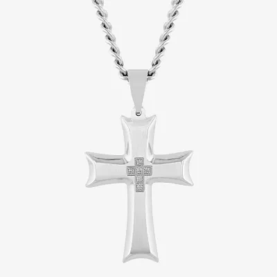 Mens Diamond Accent White Diamond Stainless Steel Cross 24 Inch Pendant Necklace