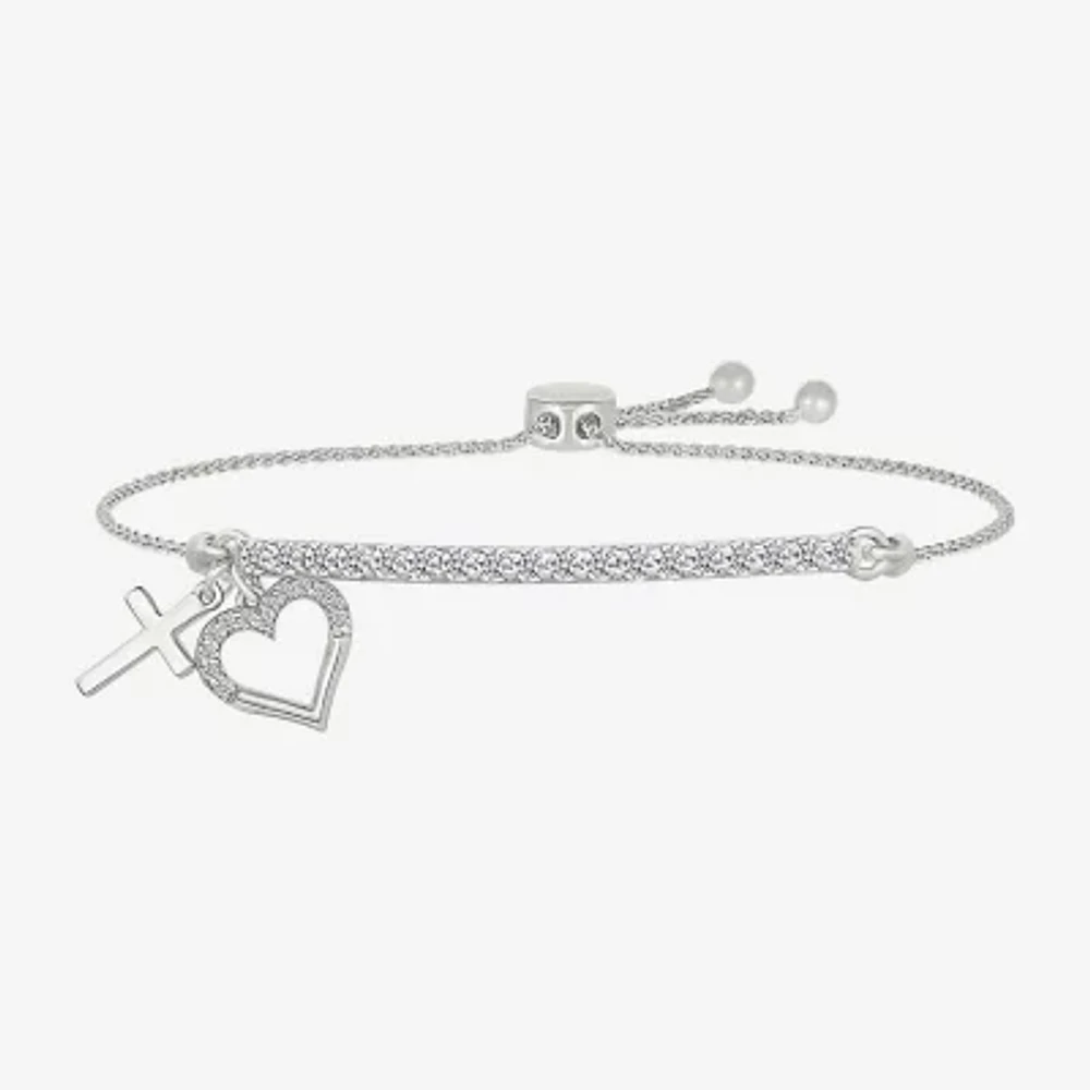 Womens Lab Created White Sapphire Sterling Silver Heart Bolo Bracelet