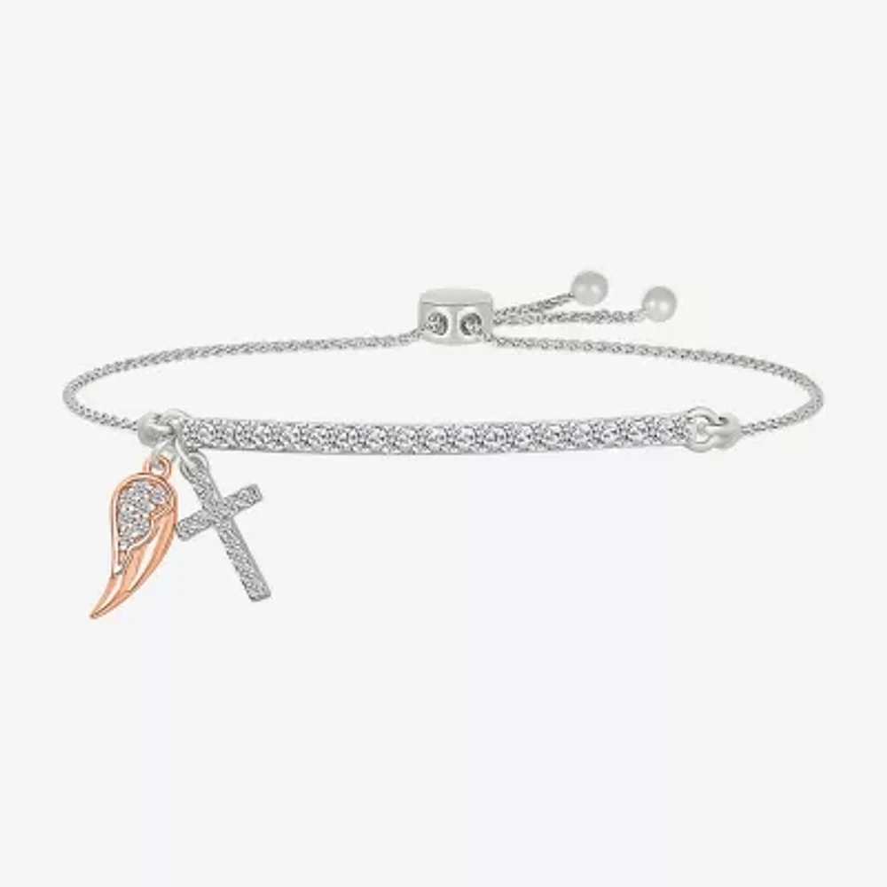 "Angel Wing" Womens Lab Created White Sapphire 10K Rose Gold Sterling Silver Cross Bolo Bracelet