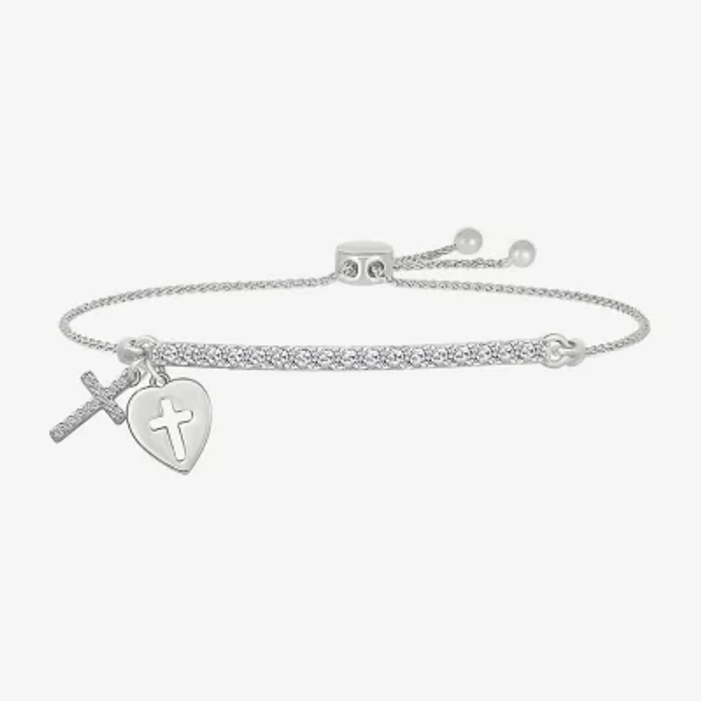 Womens Lab Created White Sapphire Sterling Silver Cross Heart Bolo Bracelet