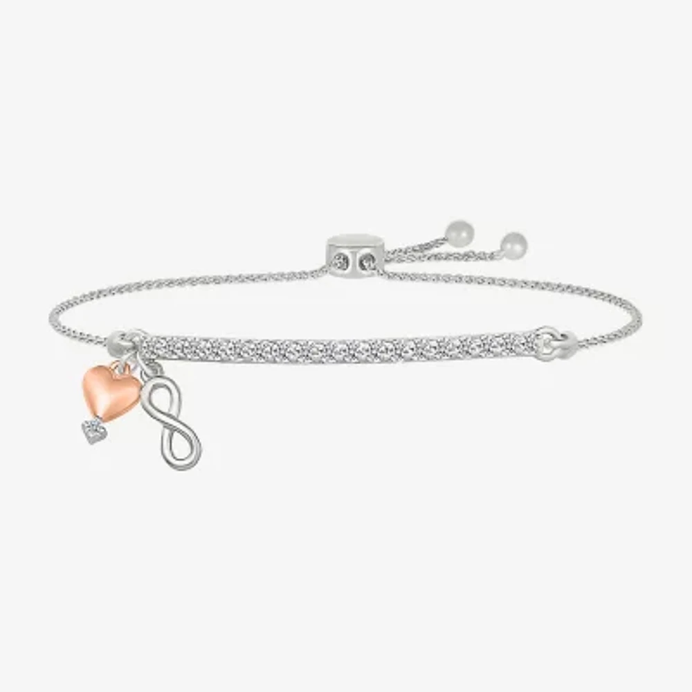 Womens Lab Created White Sapphire 10K Rose Gold Sterling Silver Heart Infinity Bolo Bracelet