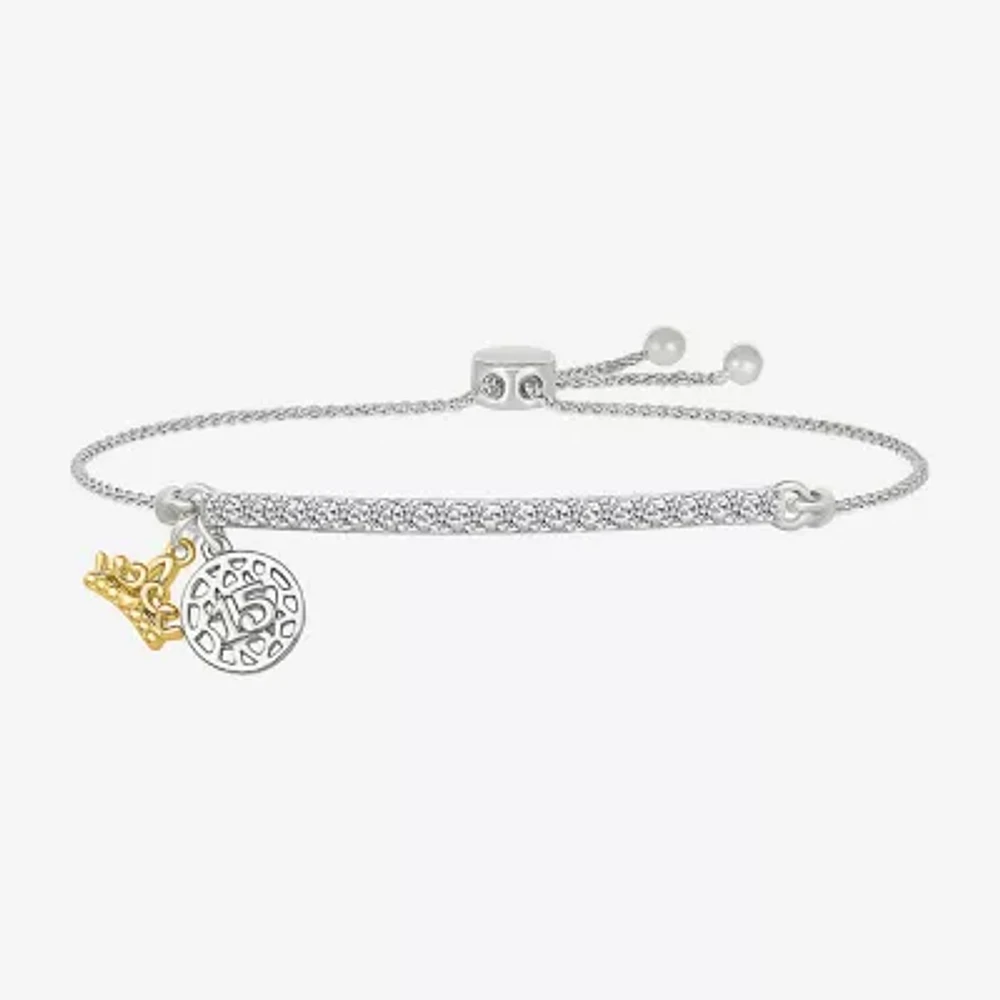 Womens Lab Created White Sapphire 10K Rose Gold Sterling Silver Crown Bolo Bracelet