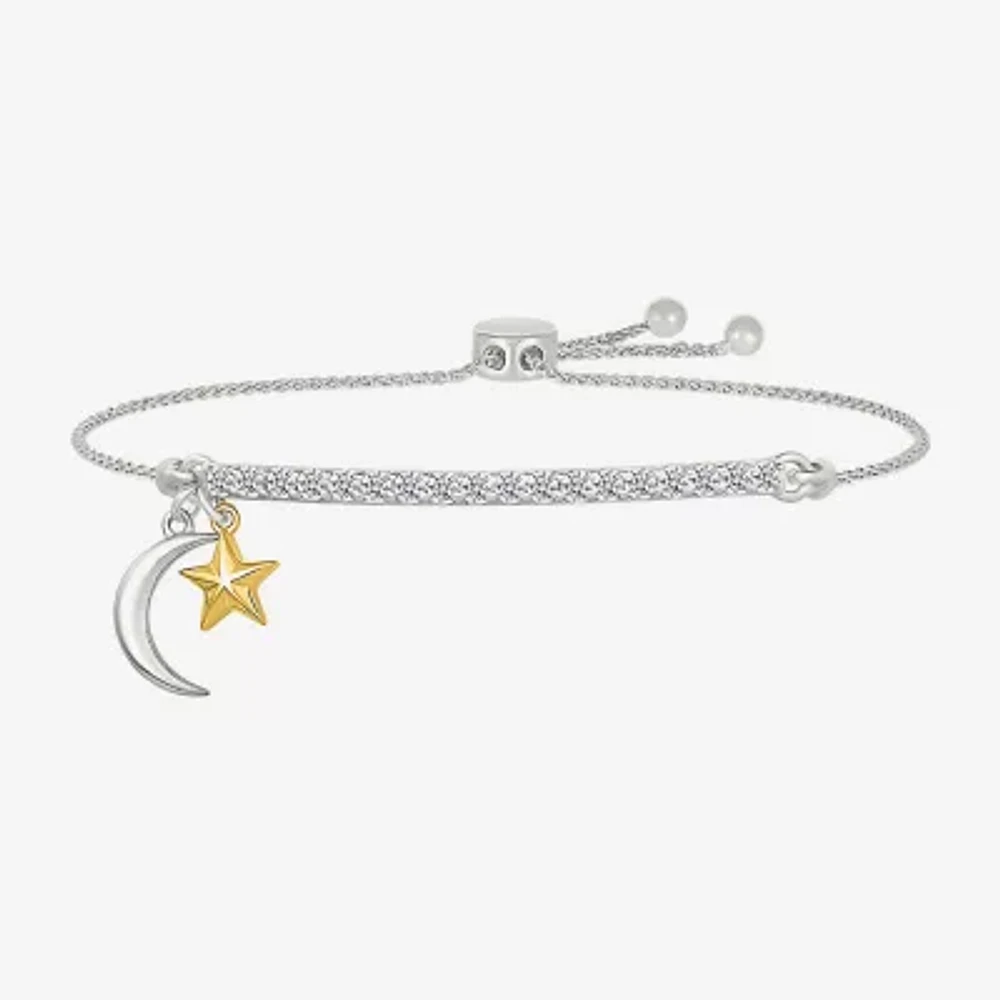 "Love The Journey" Womens Lab Created White Sapphire 10K Rose Gold Sterling Silver Moon Star Bolo Bracelet