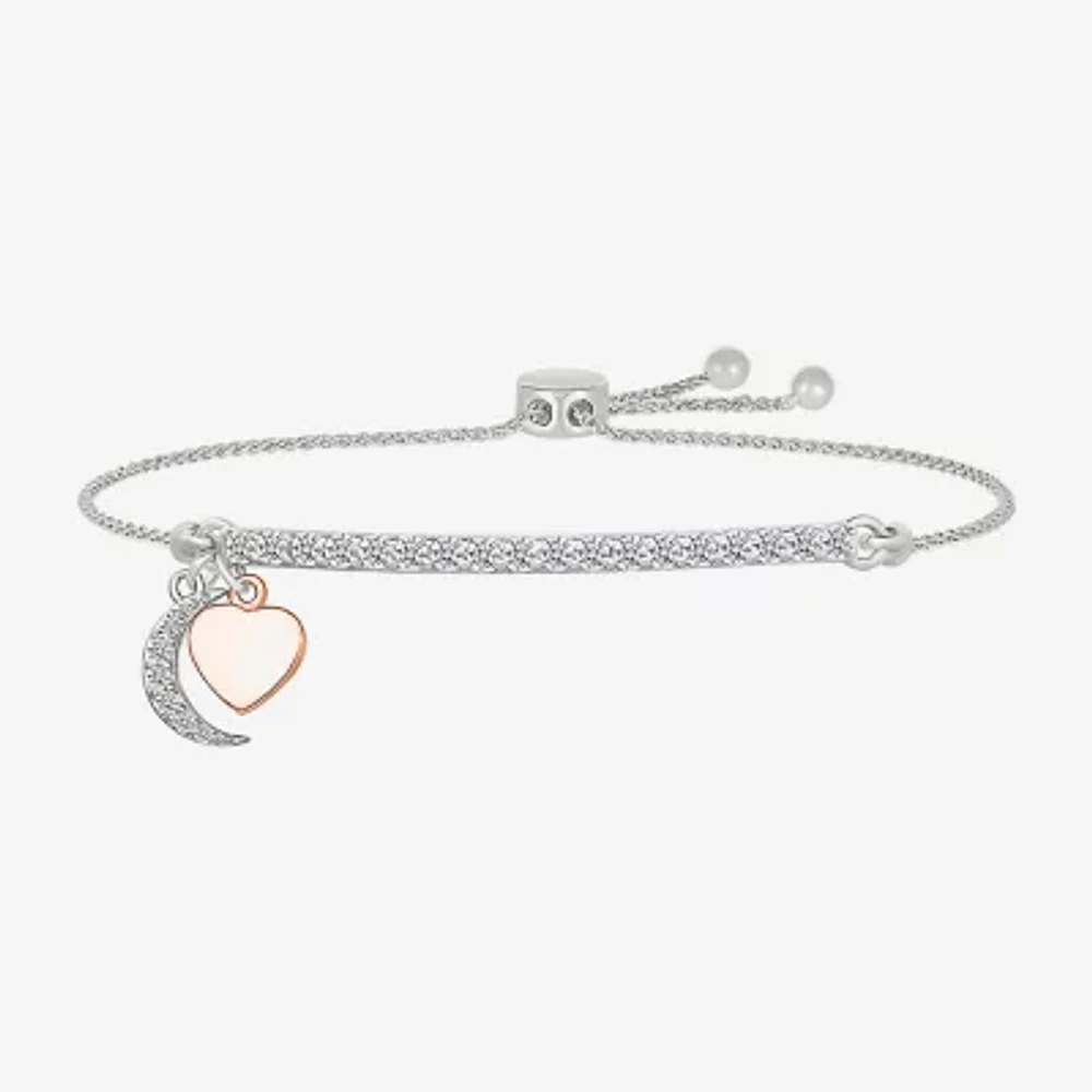 Womens Lab Created White Sapphire 10K Rose Gold Sterling Silver Heart Moon Bolo Bracelet