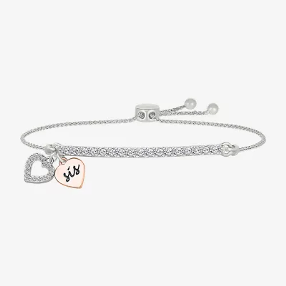 "Sis" Womens Lab Created White Sapphire 10K Rose Gold Sterling Silver Heart Bolo Bracelet