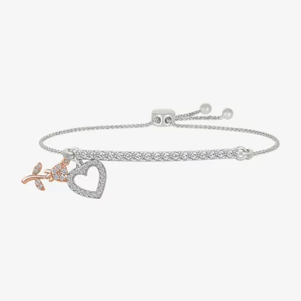 "Grandma" Womens Lab Created White Sapphire 10K Rose Gold Sterling Silver Flower Heart Bolo Bracelet