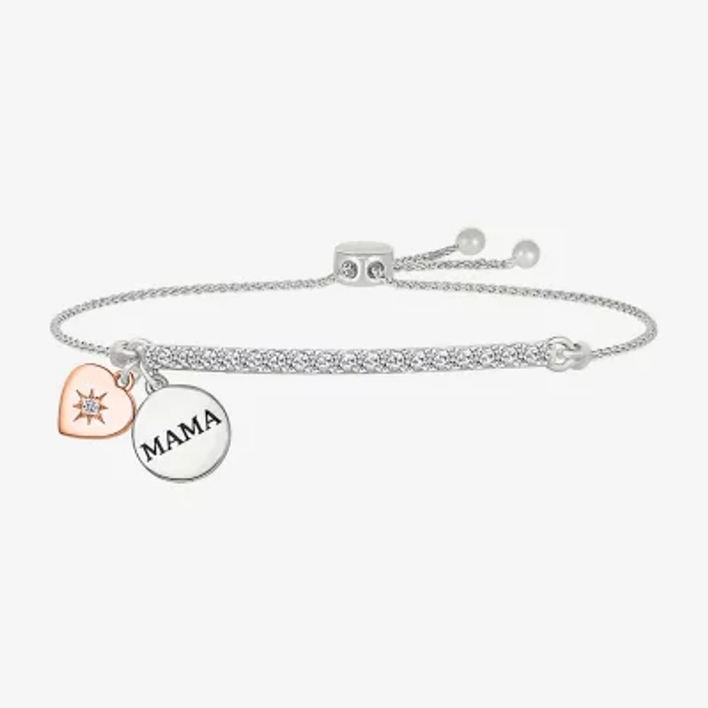 "Mama" Womens Lab Created White Sapphire 10K Rose Gold Sterling Silver Heart Bolo Bracelet
