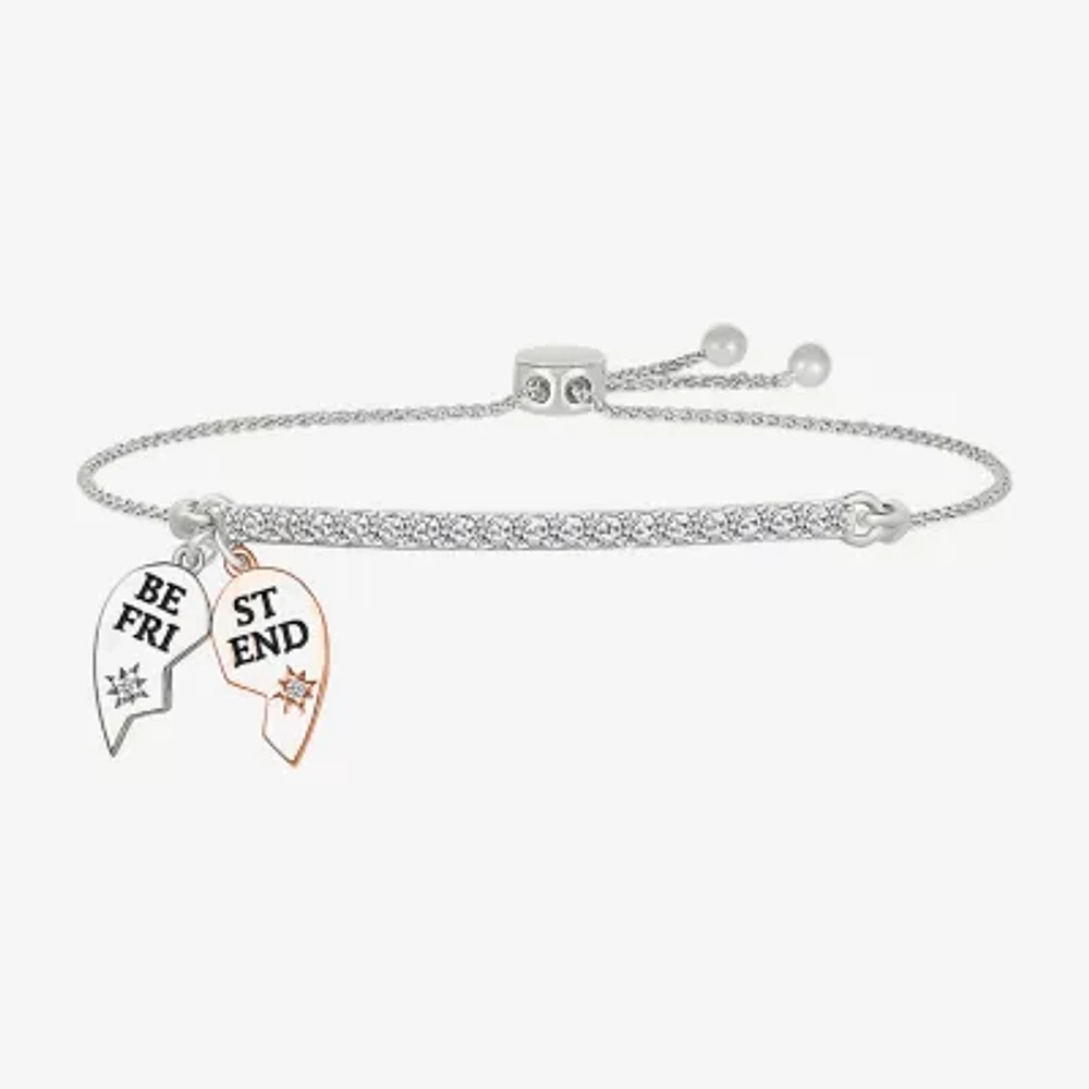 "Best Friend" Womens Lab Created White Sapphire 10K Rose Gold Sterling Silver Heart Bolo Bracelet