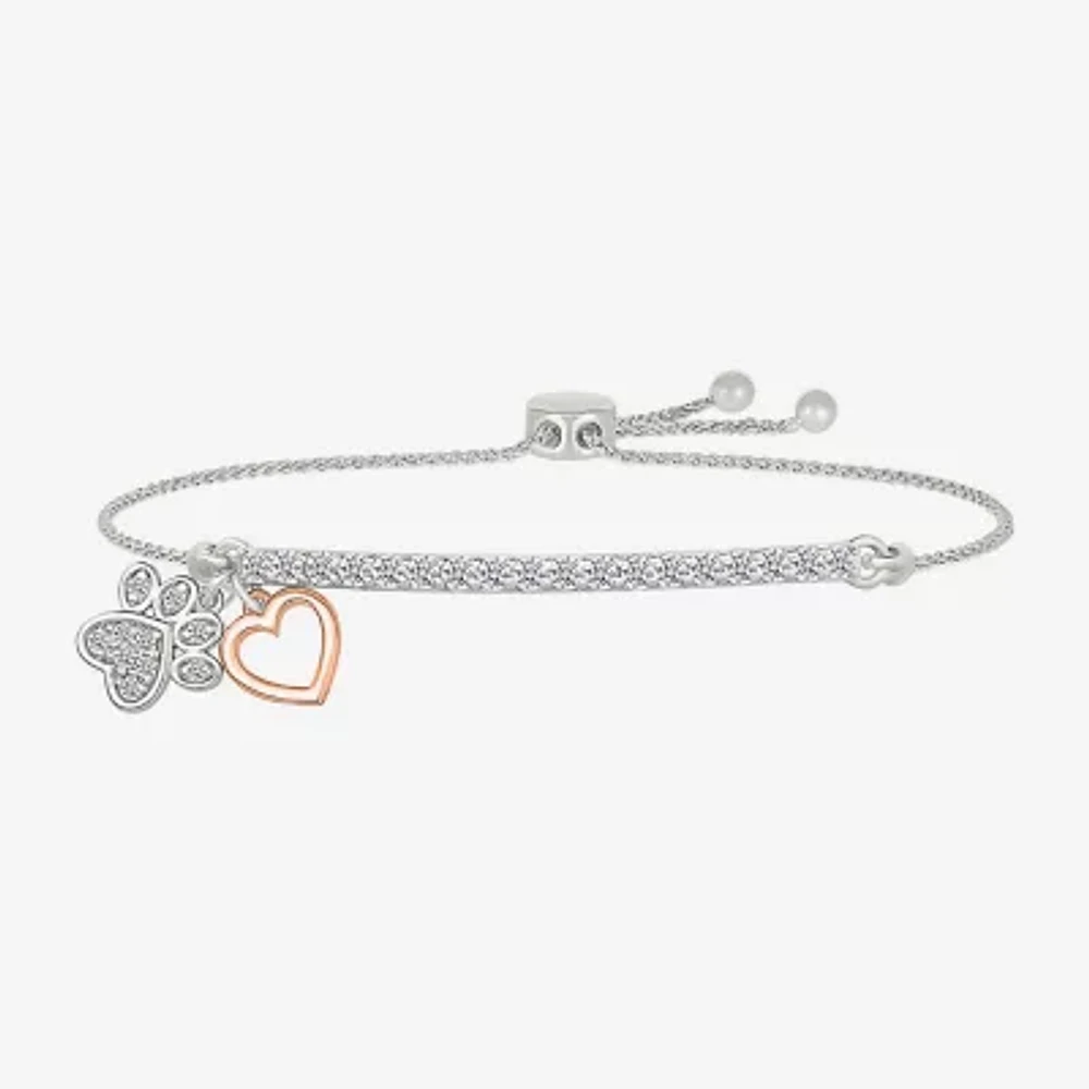 "Paw Print" Womens Lab Created White Sapphire 10K Rose Gold Sterling Silver Heart Bolo Bracelet