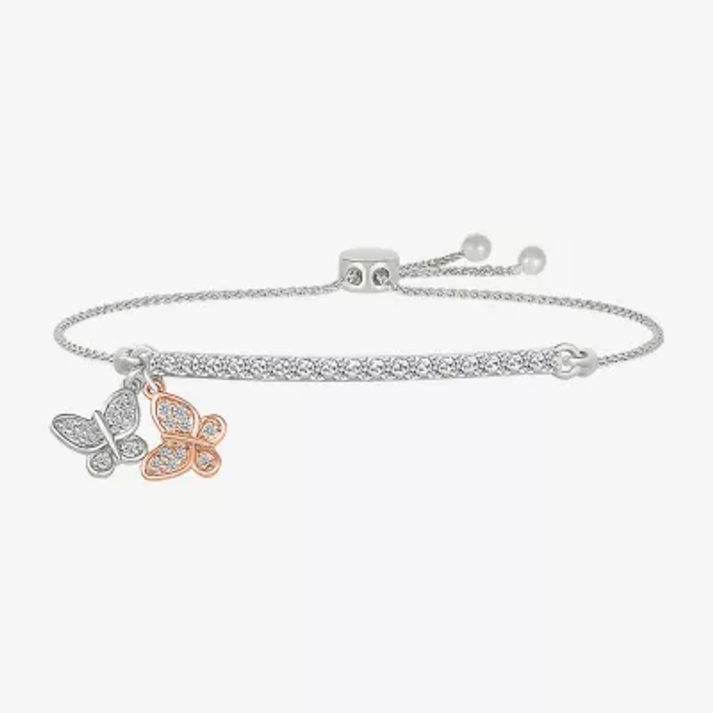 Womens Lab Created White Sapphire 10K Rose Gold Sterling Silver Butterfly Bolo Bracelet