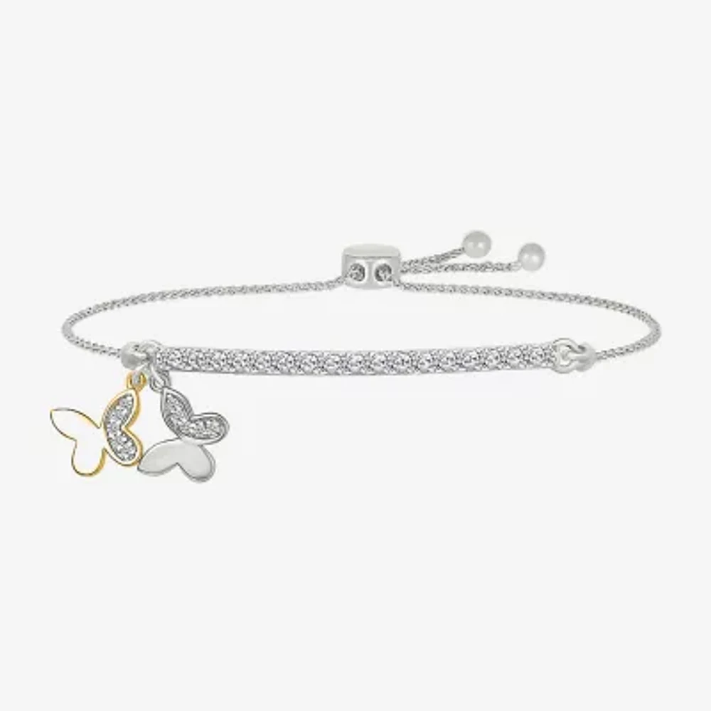 Womens Lab Created White Sapphire 10K Gold Sterling Silver Butterfly Bolo Bracelet