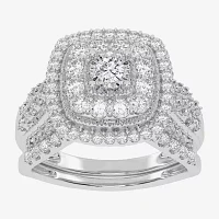 (H-I / Si1-Si2) Womens 1 CT. T.W. Lab Grown White Diamond 10K or 14K Gold Cushion Halo Bridal Set
