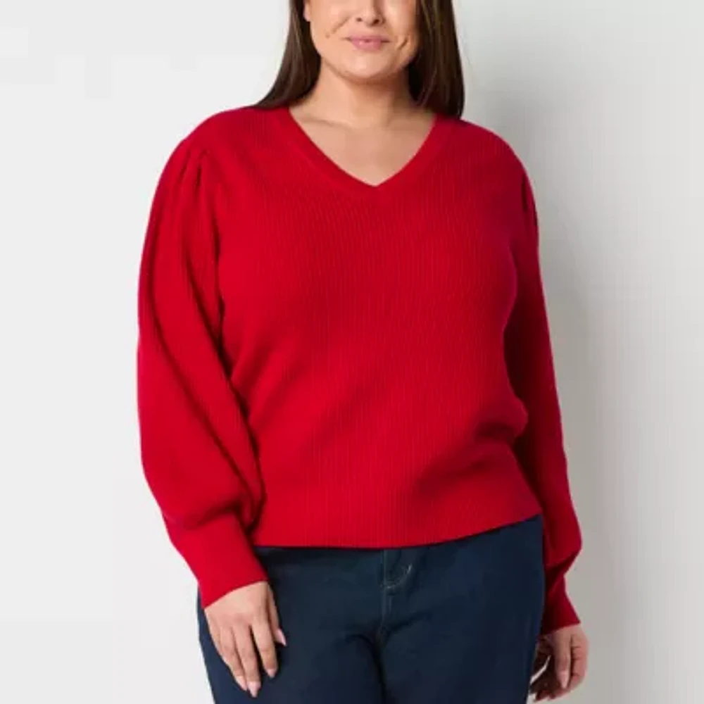 Liz Claiborne Plus Womens V Neck Long Sleeve Pullover Sweater