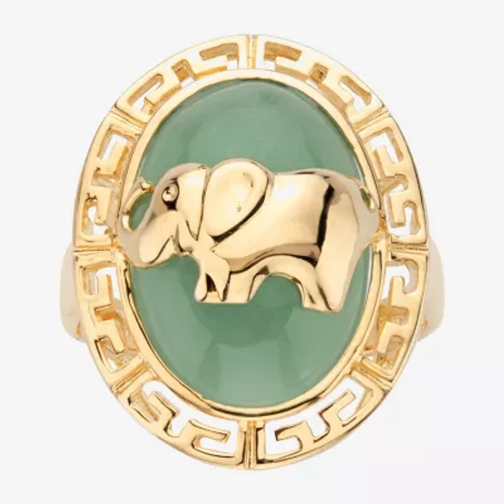 Elephant Womens 3MM Genuine Green Jade 14K Gold Over Silver Band