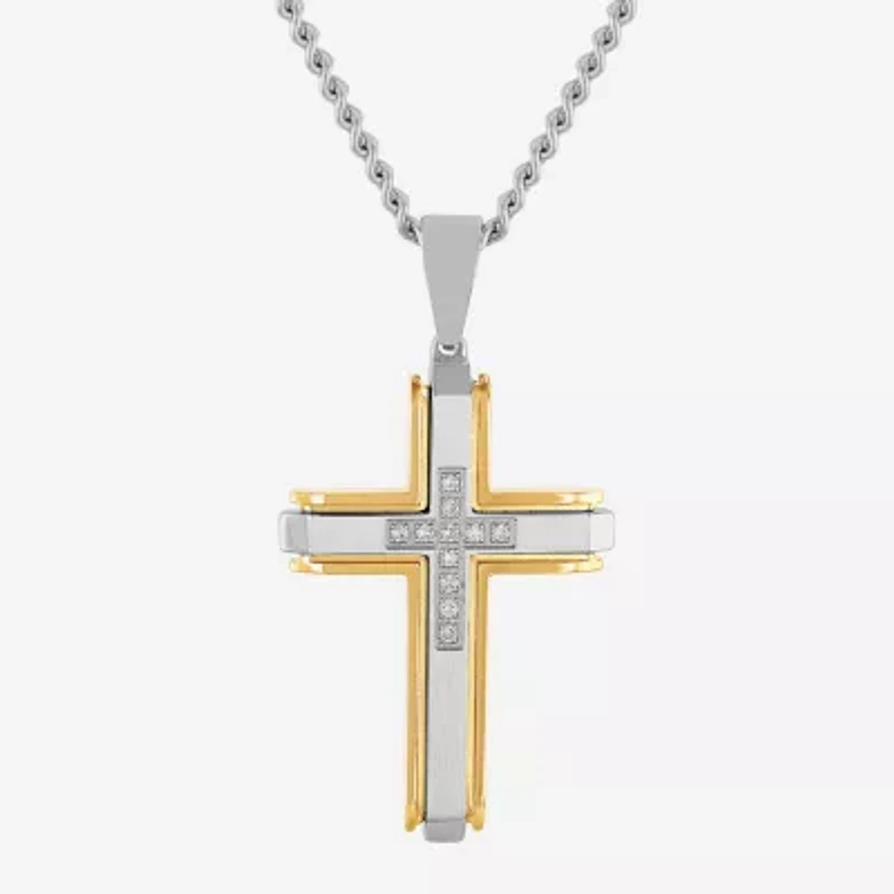 (G-H / I1) Mens 1/5 CT. Lab Grown White Diamond Stainless Steel Cross 24 Inch Pendant Necklace