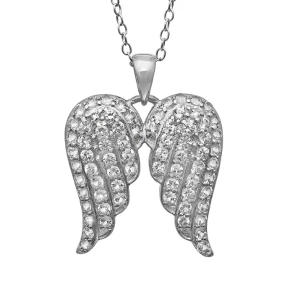 Womens Lab Created White Sapphire Sterling Silver Angel Wing 18 Inch Pendant Necklace