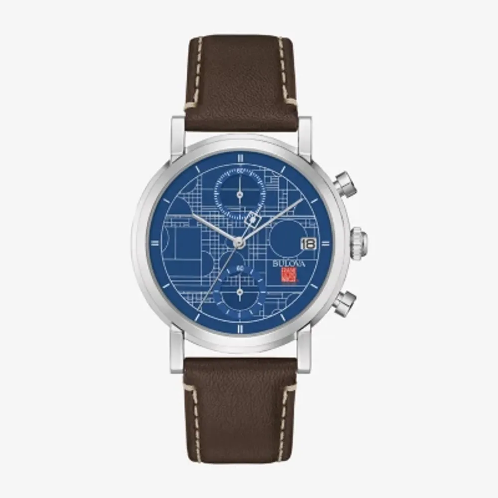Bulova Frank Lloyd Wright Blueprint Mens Chronograph Brown Leather Strap Watch 96b367