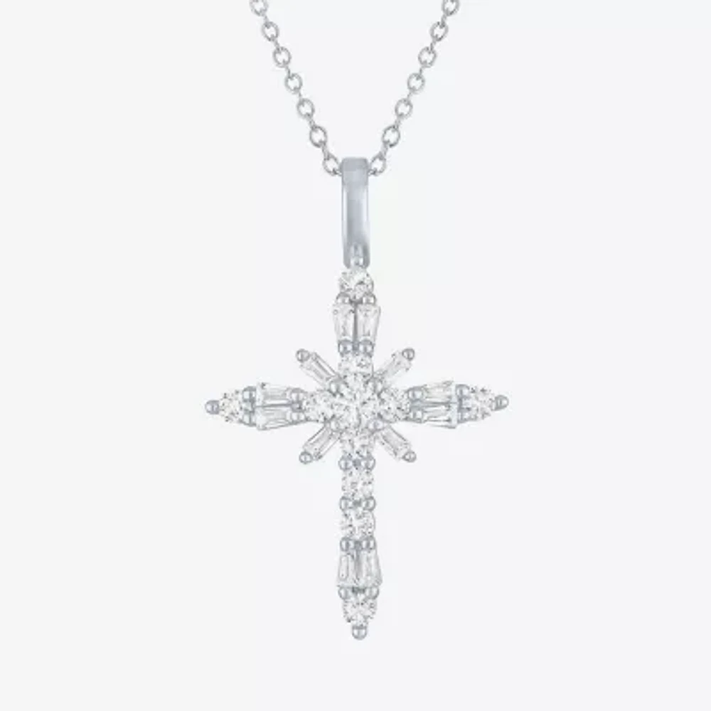 Yes Womens Lab Created White Sapphire Sterling Silver Cross 18 Inch Pendant Necklace