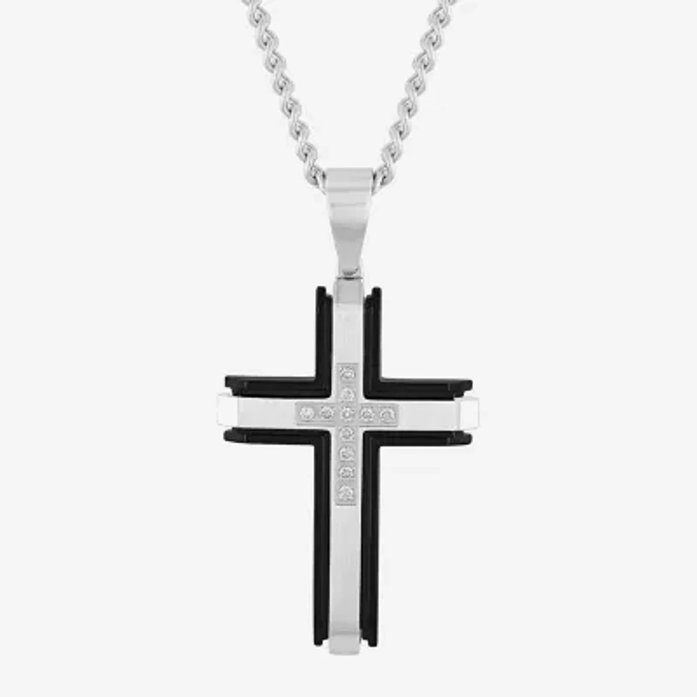 (G-H / I1) Mens 1/5 CT. Lab Grown White Diamond Stainless Steel Cross 24 Inch Pendant Necklace