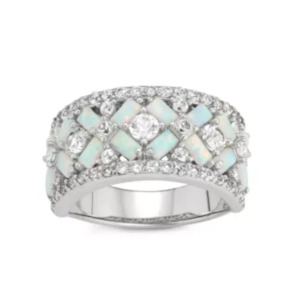 Womens 6MM Lab Created White Opal Sterling Silver Band