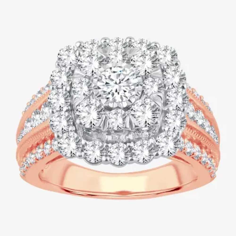 (I / Si1-Si2) Womens 3 CT. T.W. Lab Grown White Diamond 10K Gold Cushion Side Stone Engagement Ring