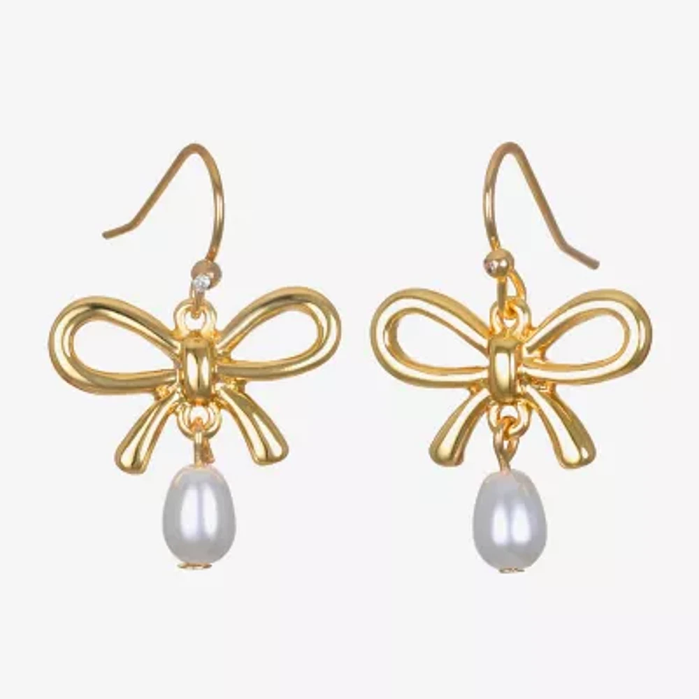 Bijoux Bar Delicates Gold Tone Womens Simulated Pearl Bow Drop Earrings