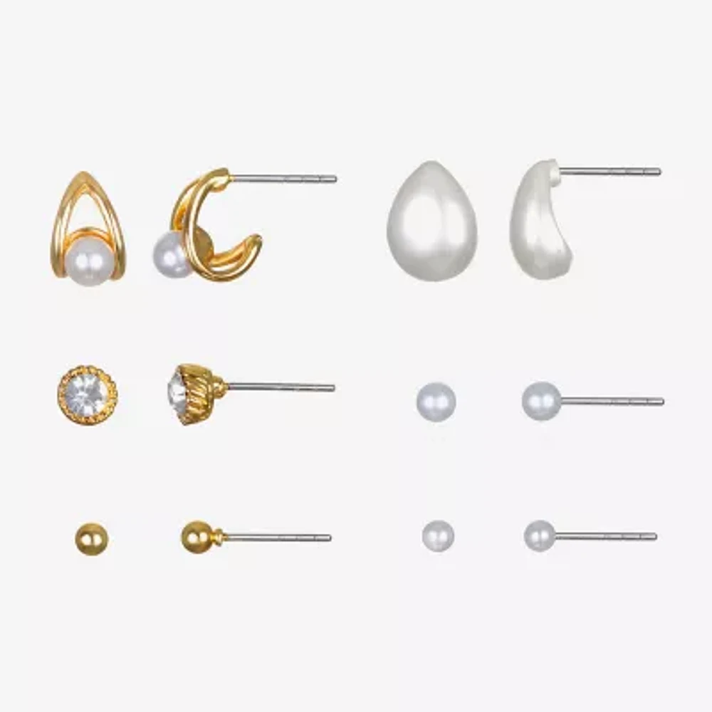 Bijoux Bar Delicates Gold Tone Womens Glass Simulated Pearl Round 6 Pair Earring Set