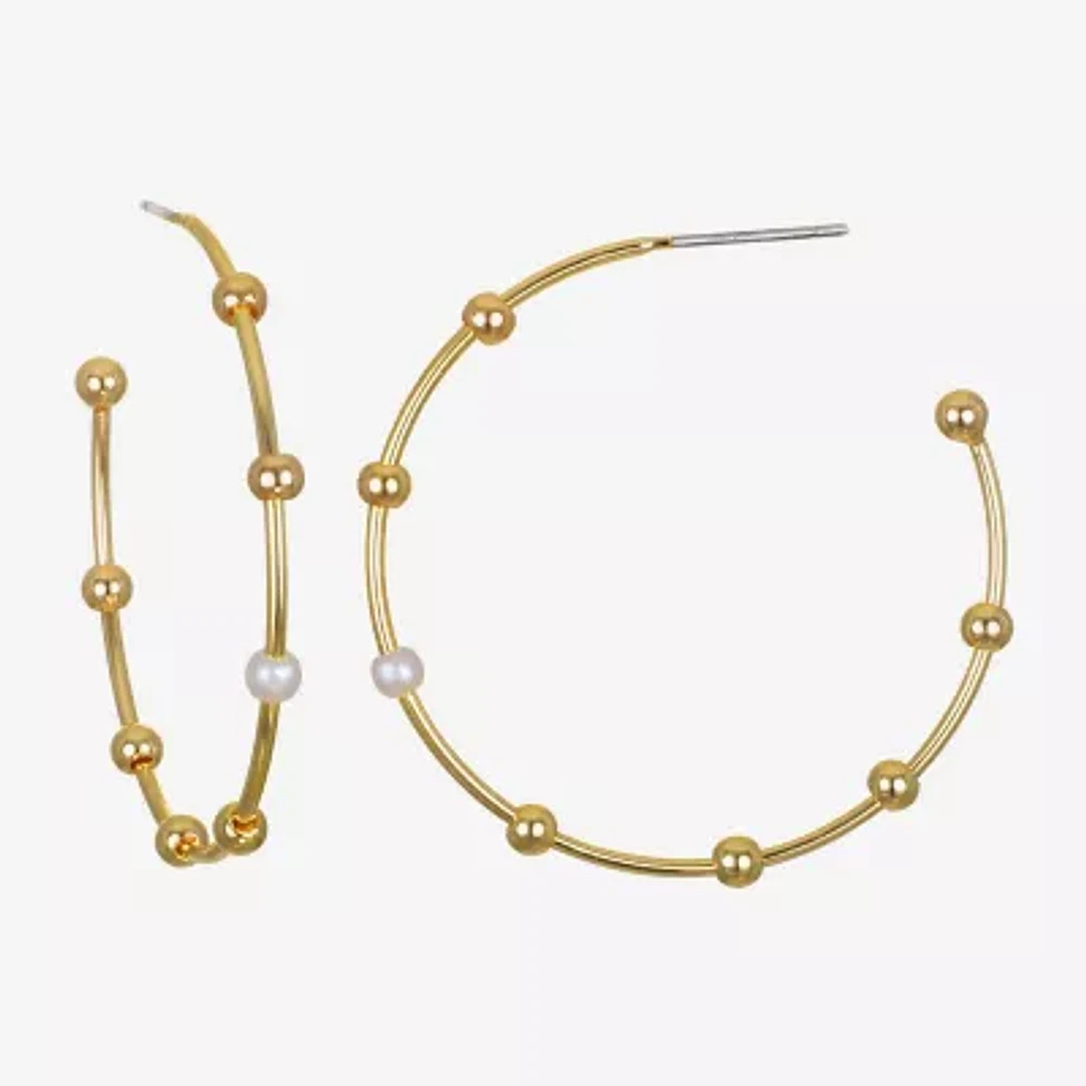 Bijoux Bar Delicates Gold Tone Womens Simulated Pearl 35mm Round Hoop Earrings